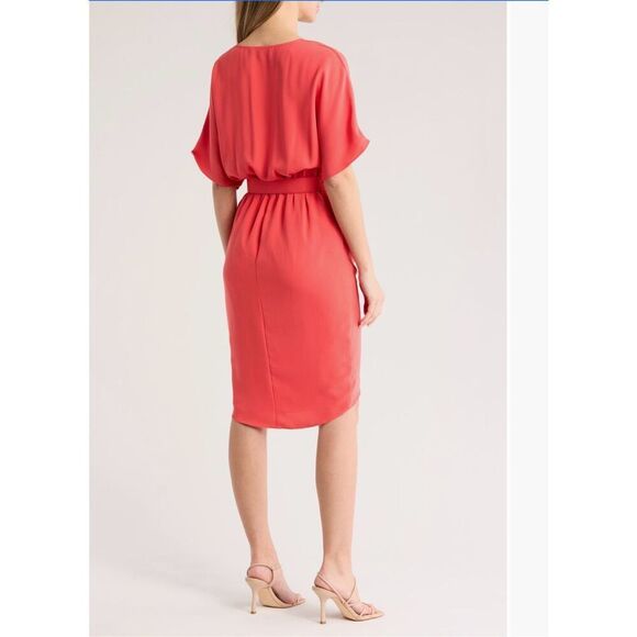 NWT Trina Turk, Zest Shirt Sleeve Belted Faux Wrap Dress in coral color Size 10 - Picture 2 of 9